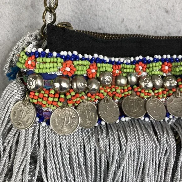 Elliot Mann Purse Beaded Fringe Coin Indie Firefly Boho Art to Wear Retro - Picture 7 of 16